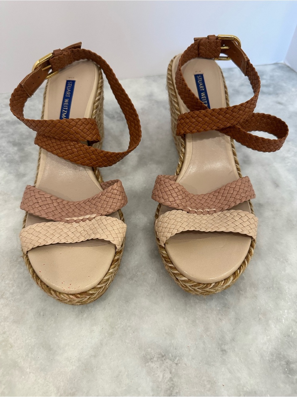 Stuart Weitzman Braided Multi-Color Espadrille Wedge Sandals - Brown/Pink/Cream